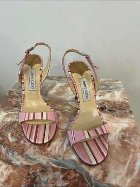 Jimmy Choo Pink and Cream Striped Slingback Heels